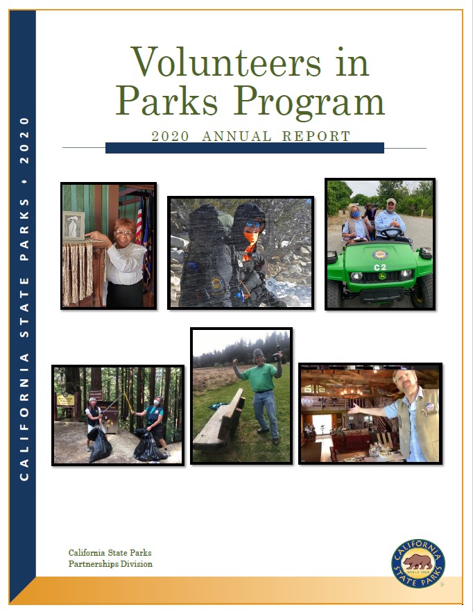 2020 annual report cover with photos of volunteers serving in parks